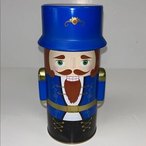 7 3/4”  Blue Nutcracker/Toy soldier lidded candy tin by Harry London